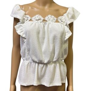 Ava Rose White Ruffled Off Shoulder Lace Embellished Blouson Top Womens Large